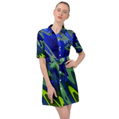 Blue Green Zig Zag Waves Pattern Belted Shirt Dress by SpinnyChairDesigns