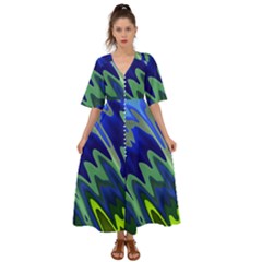 Blue Green Zig Zag Waves Pattern Kimono Sleeve Boho Dress by SpinnyChairDesigns