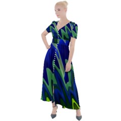 Blue Green Zig Zag Waves Pattern Button Up Short Sleeve Maxi Dress by SpinnyChairDesigns