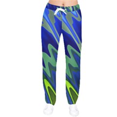 Blue Green Zig Zag Waves Pattern Women Velvet Drawstring Pants by SpinnyChairDesigns