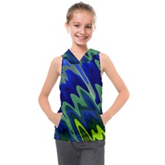 Blue Green Zig Zag Waves Pattern Kids  Sleeveless Hoodie