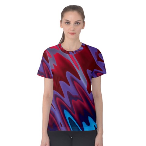 Red Blue Zig Zag Waves Pattern Women s Cotton Tee by SpinnyChairDesigns