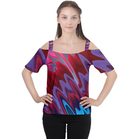 Red Blue Zig Zag Waves Pattern Cutout Shoulder Tee by SpinnyChairDesigns