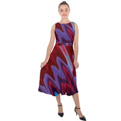 Red Blue Zig Zag Waves Pattern Midi Tie-Back Chiffon Dress