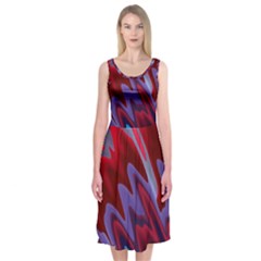 Red Blue Zig Zag Waves Pattern Midi Sleeveless Dress