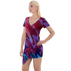 Red Blue Zig Zag Waves Pattern Short Sleeve Asymmetric Mini Dress