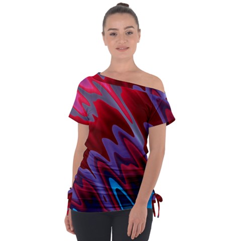 Red Blue Zig Zag Waves Pattern Tie-up Tee by SpinnyChairDesigns