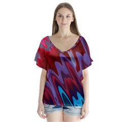 Red Blue Zig Zag Waves Pattern V-Neck Flutter Sleeve Top