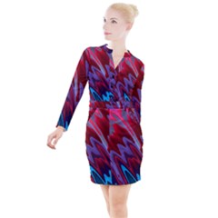 Red Blue Zig Zag Waves Pattern Button Long Sleeve Dress