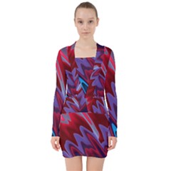 Red Blue Zig Zag Waves Pattern V-neck Bodycon Long Sleeve Dress