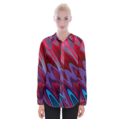 Red Blue Zig Zag Waves Pattern Womens Long Sleeve Shirt by SpinnyChairDesigns