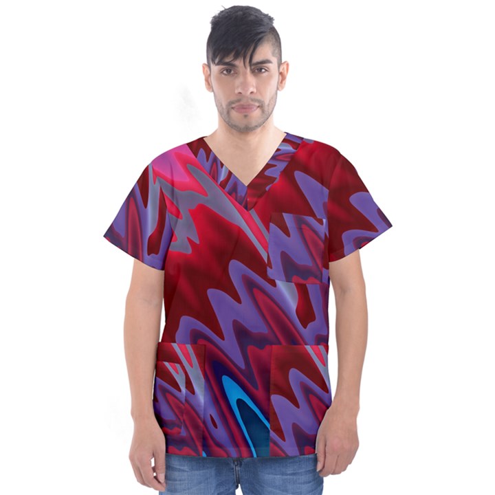 Red Blue Zig Zag Waves Pattern Men s V-Neck Scrub Top