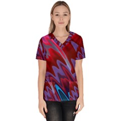 Red Blue Zig Zag Waves Pattern Women s V-Neck Scrub Top