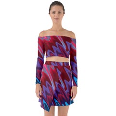 Red Blue Zig Zag Waves Pattern Off Shoulder Top with Skirt Set