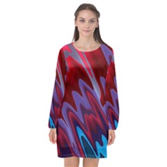 Red Blue Zig Zag Waves Pattern Long Sleeve Chiffon Shift Dress 