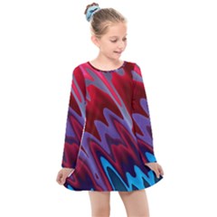 Red Blue Zig Zag Waves Pattern Kids  Long Sleeve Dress