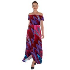 Red Blue Zig Zag Waves Pattern Off Shoulder Open Front Chiffon Dress by SpinnyChairDesigns