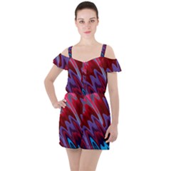 Red Blue Zig Zag Waves Pattern Ruffle Cut Out Chiffon Playsuit