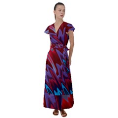 Red Blue Zig Zag Waves Pattern Flutter Sleeve Maxi Dress