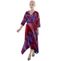 Red Blue Zig Zag Waves Pattern Quarter Sleeve Wrap Front Maxi Dress