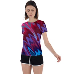 Red Blue Zig Zag Waves Pattern Back Circle Cutout Sports Tee by SpinnyChairDesigns