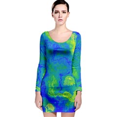 Neon Green Blue Grunge Texture Pattern Long Sleeve Bodycon Dress by SpinnyChairDesigns