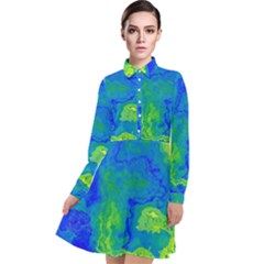 Neon Green Blue Grunge Texture Pattern Long Sleeve Chiffon Shirt Dress by SpinnyChairDesigns