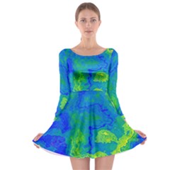 Neon Green Blue Grunge Texture Pattern Long Sleeve Skater Dress by SpinnyChairDesigns