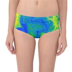 Neon Green Blue Grunge Texture Pattern Mid-waist Bikini Bottoms by SpinnyChairDesigns