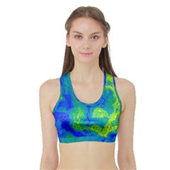 Neon Green Blue Grunge Texture Pattern Sports Bra With Border by SpinnyChairDesigns