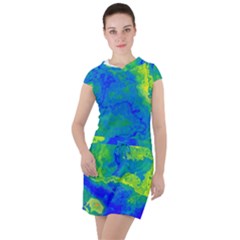 Neon Green Blue Grunge Texture Pattern Drawstring Hooded Dress by SpinnyChairDesigns