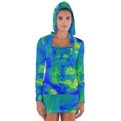 Neon Green Blue Grunge Texture Pattern Long Sleeve Hooded T-shirt by SpinnyChairDesigns