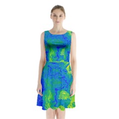 Neon Green Blue Grunge Texture Pattern Sleeveless Waist Tie Chiffon Dress by SpinnyChairDesigns