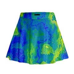 Neon Green Blue Grunge Texture Pattern Mini Flare Skirt by SpinnyChairDesigns