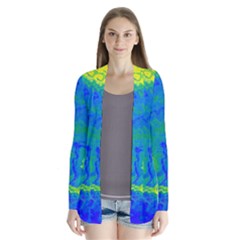 Neon Green Blue Grunge Texture Pattern Drape Collar Cardigan by SpinnyChairDesigns