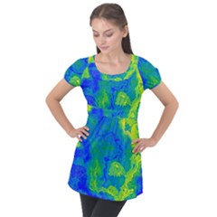 Neon Green Blue Grunge Texture Pattern Puff Sleeve Tunic Top by SpinnyChairDesigns