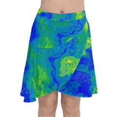 Neon Green Blue Grunge Texture Pattern Chiffon Wrap Front Skirt by SpinnyChairDesigns