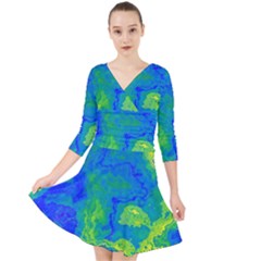 Neon Green Blue Grunge Texture Pattern Quarter Sleeve Front Wrap Dress by SpinnyChairDesigns