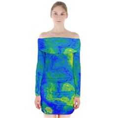 Neon Green Blue Grunge Texture Pattern Long Sleeve Off Shoulder Dress by SpinnyChairDesigns