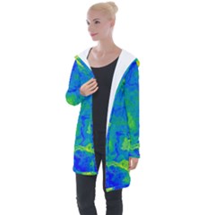 Neon Green Blue Grunge Texture Pattern Longline Hooded Cardigan by SpinnyChairDesigns