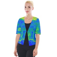 Neon Green Blue Grunge Texture Pattern Cropped Button Cardigan by SpinnyChairDesigns