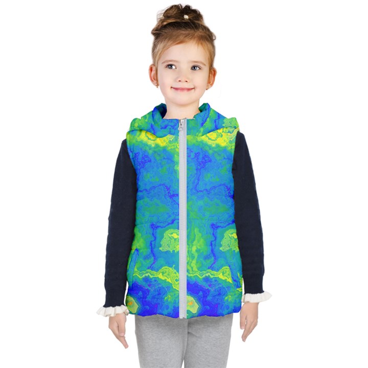 Neon Green Blue Grunge Texture Pattern Kids  Hooded Puffer Vest