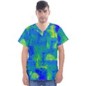 Neon Green Blue Grunge Texture Pattern Men s V-Neck Scrub Top View1