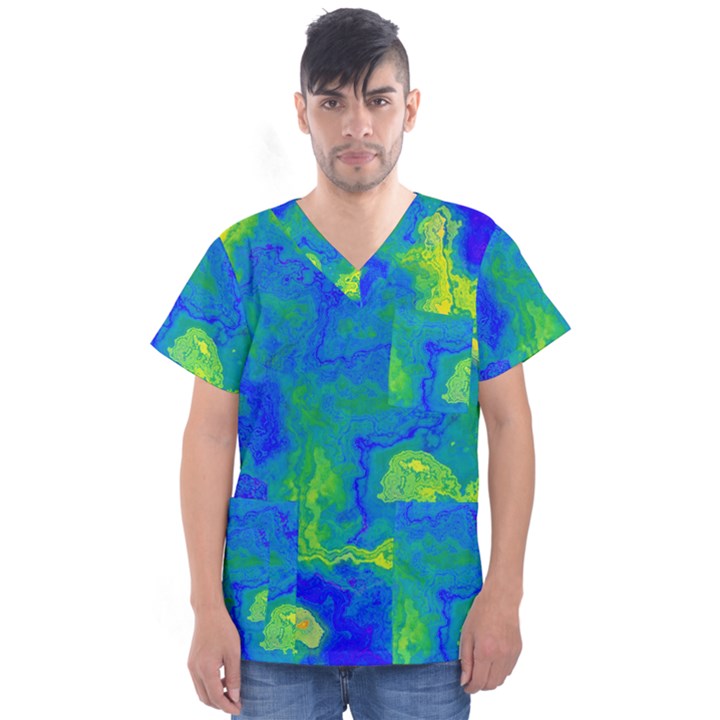 Neon Green Blue Grunge Texture Pattern Men s V-Neck Scrub Top