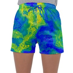 Neon Green Blue Grunge Texture Pattern Sleepwear Shorts by SpinnyChairDesigns