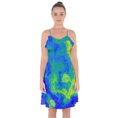 Neon Green Blue Grunge Texture Pattern Ruffle Detail Chiffon Dress by SpinnyChairDesigns