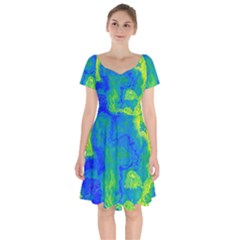 Neon Green Blue Grunge Texture Pattern Short Sleeve Bardot Dress by SpinnyChairDesigns