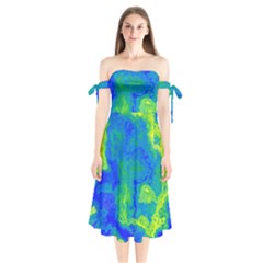 Neon Green Blue Grunge Texture Pattern Shoulder Tie Bardot Midi Dress by SpinnyChairDesigns