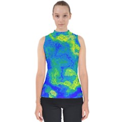 Neon Green Blue Grunge Texture Pattern Mock Neck Shell Top by SpinnyChairDesigns