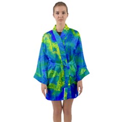 Neon Green Blue Grunge Texture Pattern Long Sleeve Satin Kimono by SpinnyChairDesigns